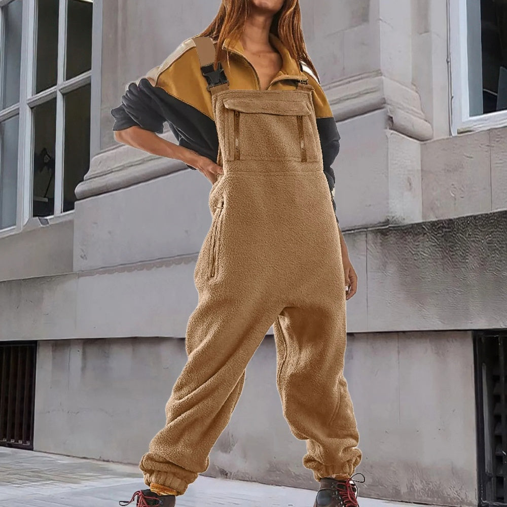 Women's Cozy Fleece Bib Jumpsuit with Adjustable Straps
