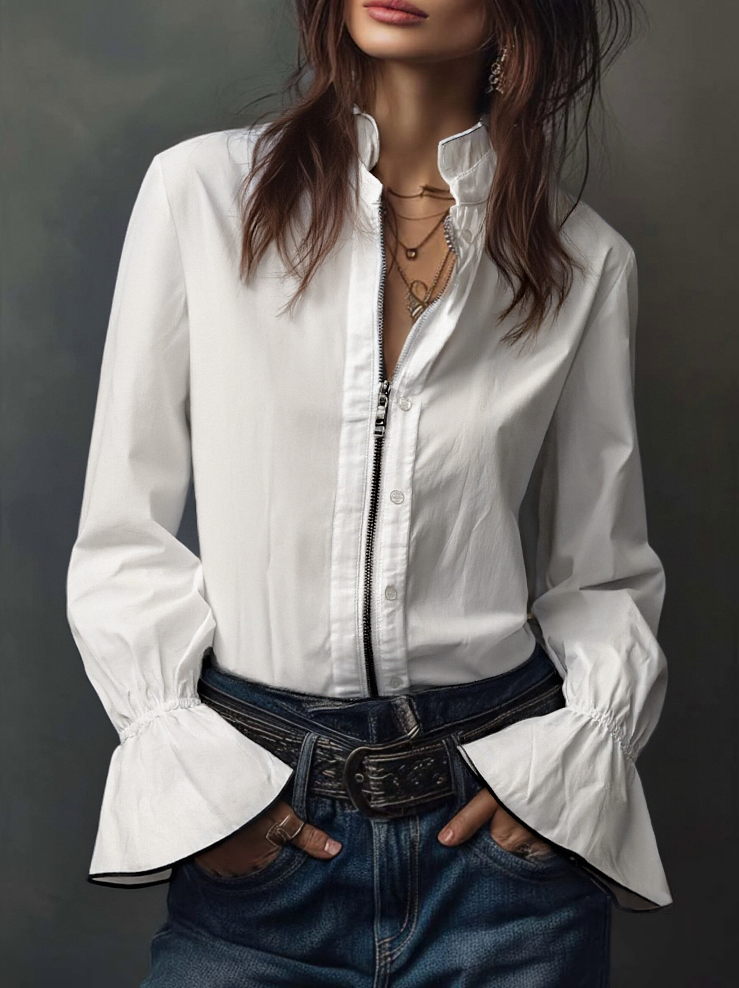 Women's White Zip-Front Blouse Flounce Cuffs