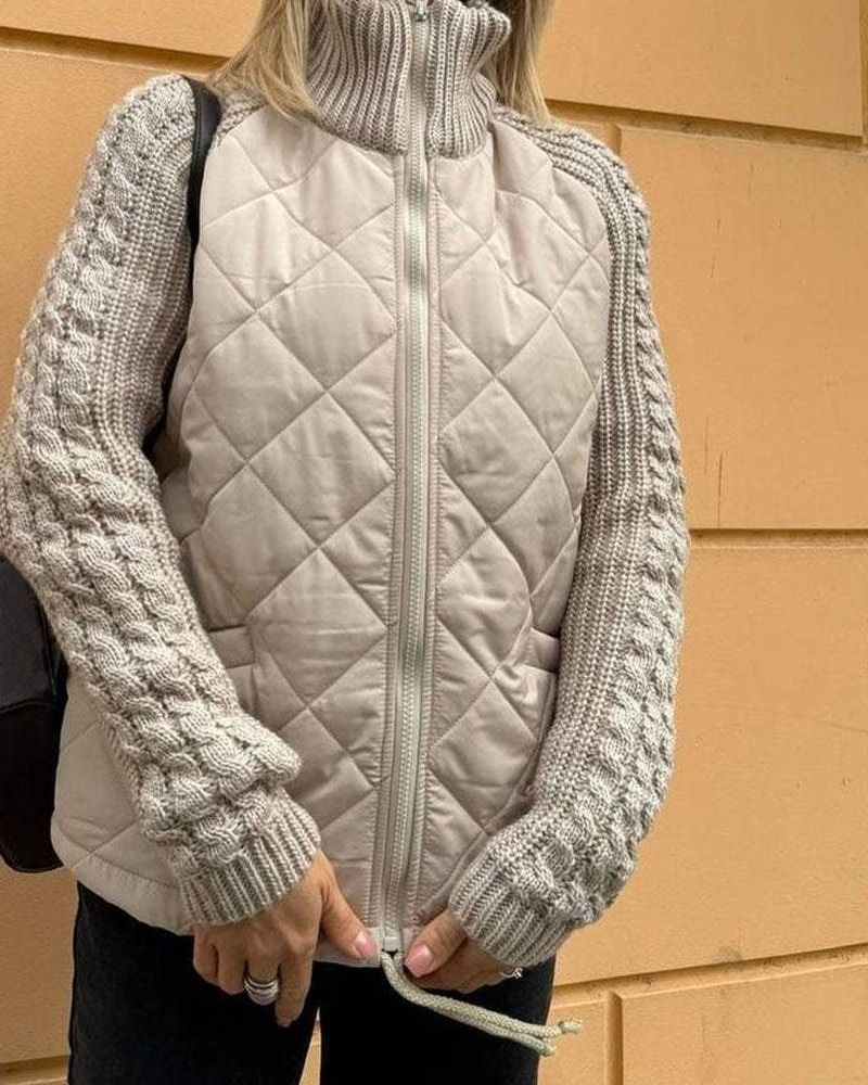 Women's Quilted Jacket with Cable Knit Sleeves