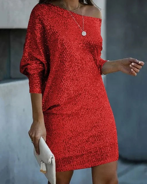Women’s Sequin Mini Dress with Off-Shoulder Neckline