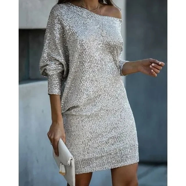 Women’s Sequin Mini Dress with Off-Shoulder Neckline