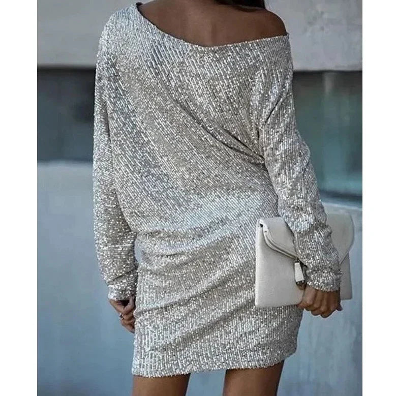 Women’s Sequin Mini Dress with Off-Shoulder Neckline
