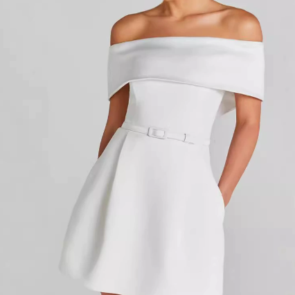 Women’s Off Shoulder A-Line Mini Dress with Elegant Contrast Design