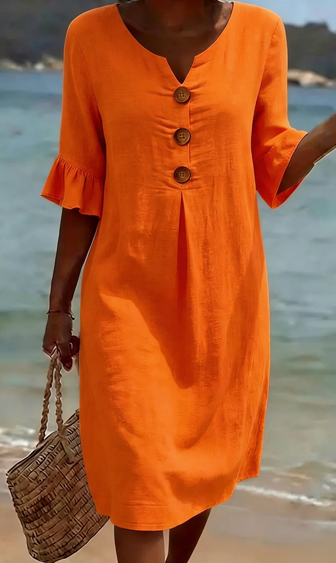 Women's V-Neck Button Ruffle Cuff Midi Dress