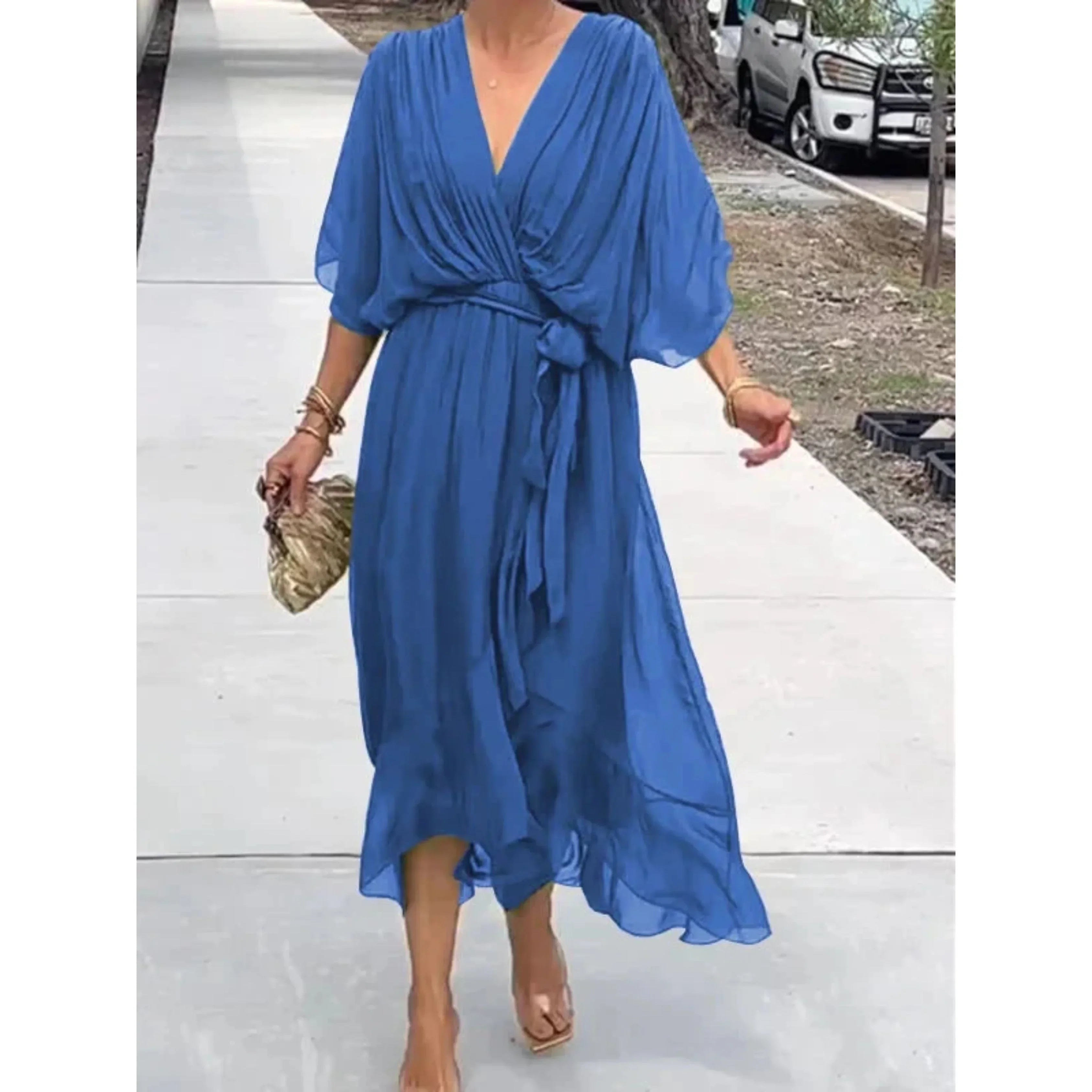 Women's V-Neck Midi Dress with Defined Waist