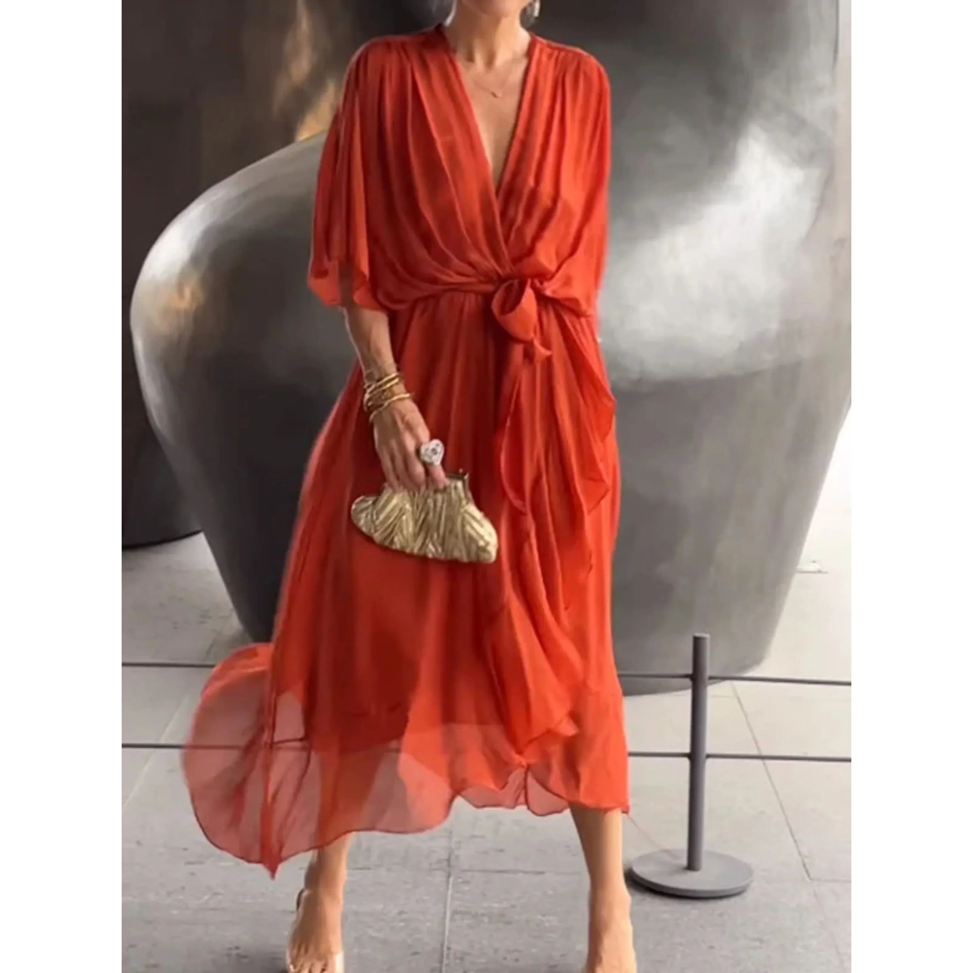 Women's Graceful Wrap-Style Midi Dress