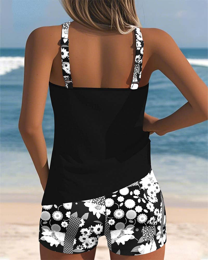 Two-Piece Tankini Set with Printed Shorts