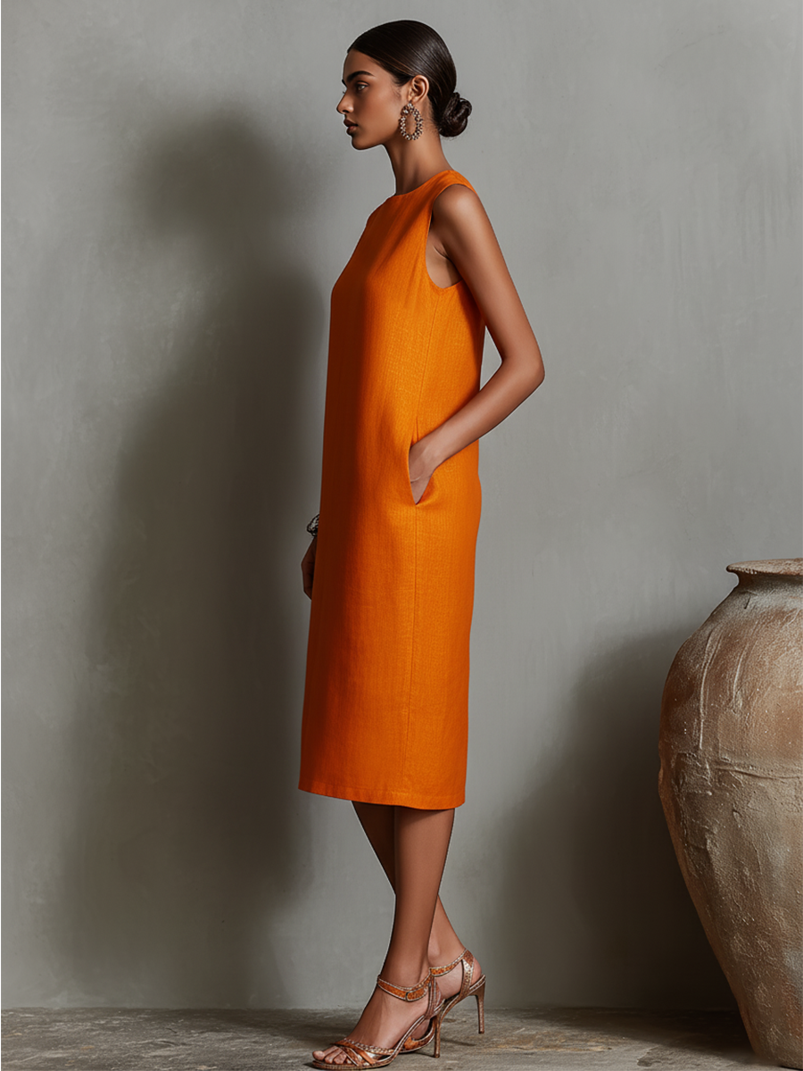 Women's Sleeveless Crew Neck Shift Midi Dress