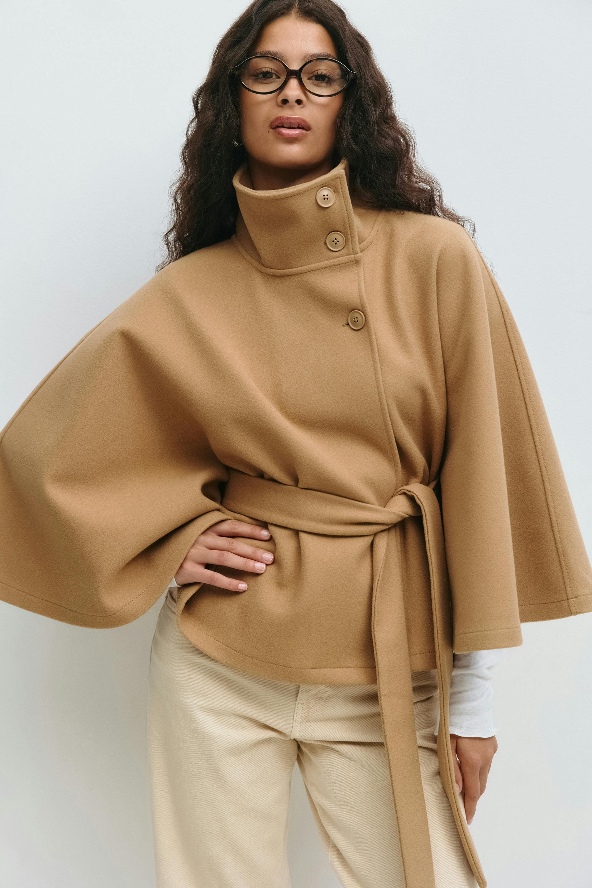 Women's High Neck Belted Cape Jacket