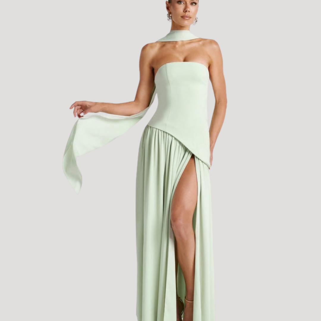 Women's Strapless High-Slit Evening Maxi Dress with Scarf Detail