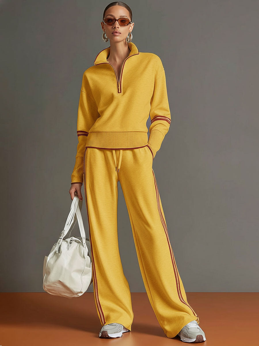 Women's Half-Zip Collared Sweatshirt & Wide-Leg Trouser Set