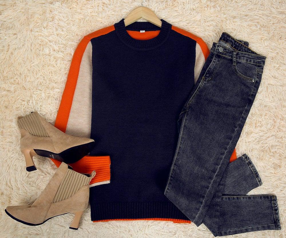 Women's Color Block Knit Sweater with Contrast Sleeves