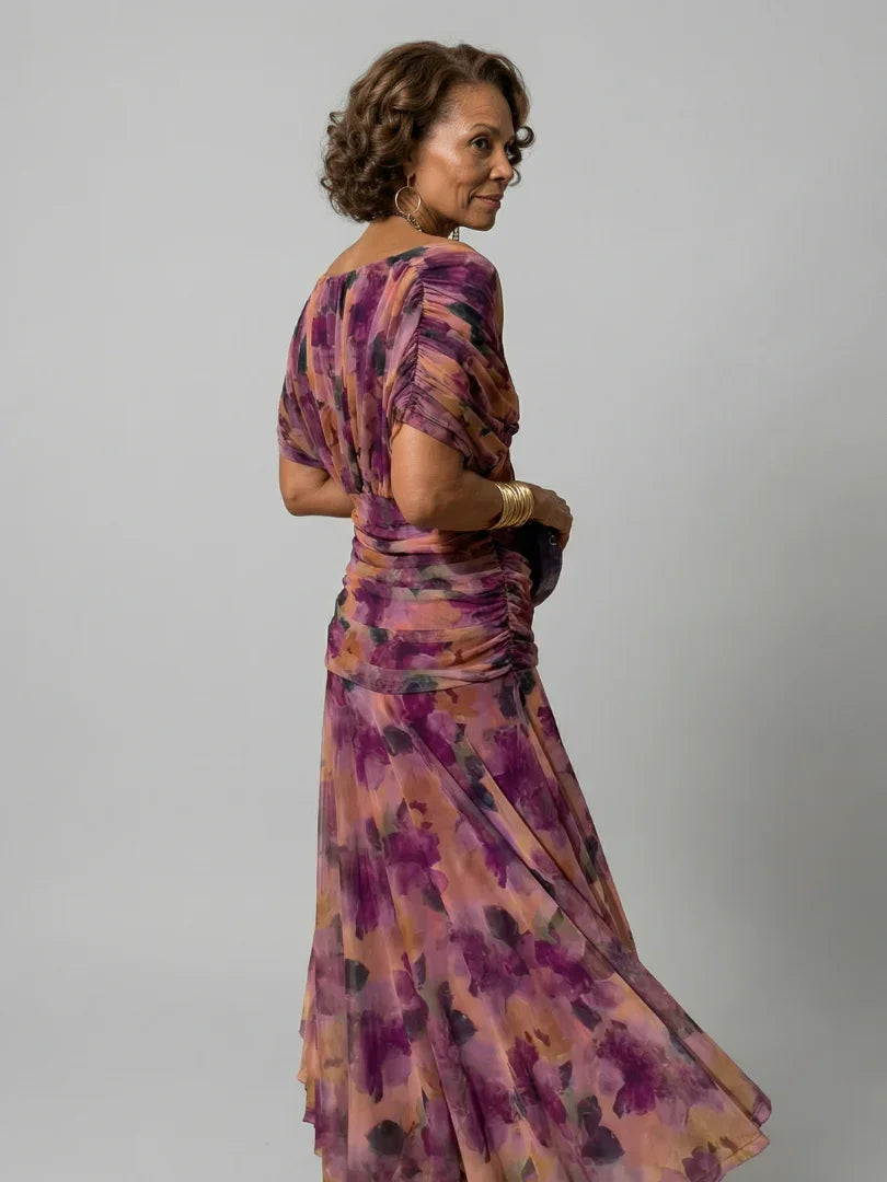 Women's Floral Mesh Maxi Dress with Ruched Bodice
