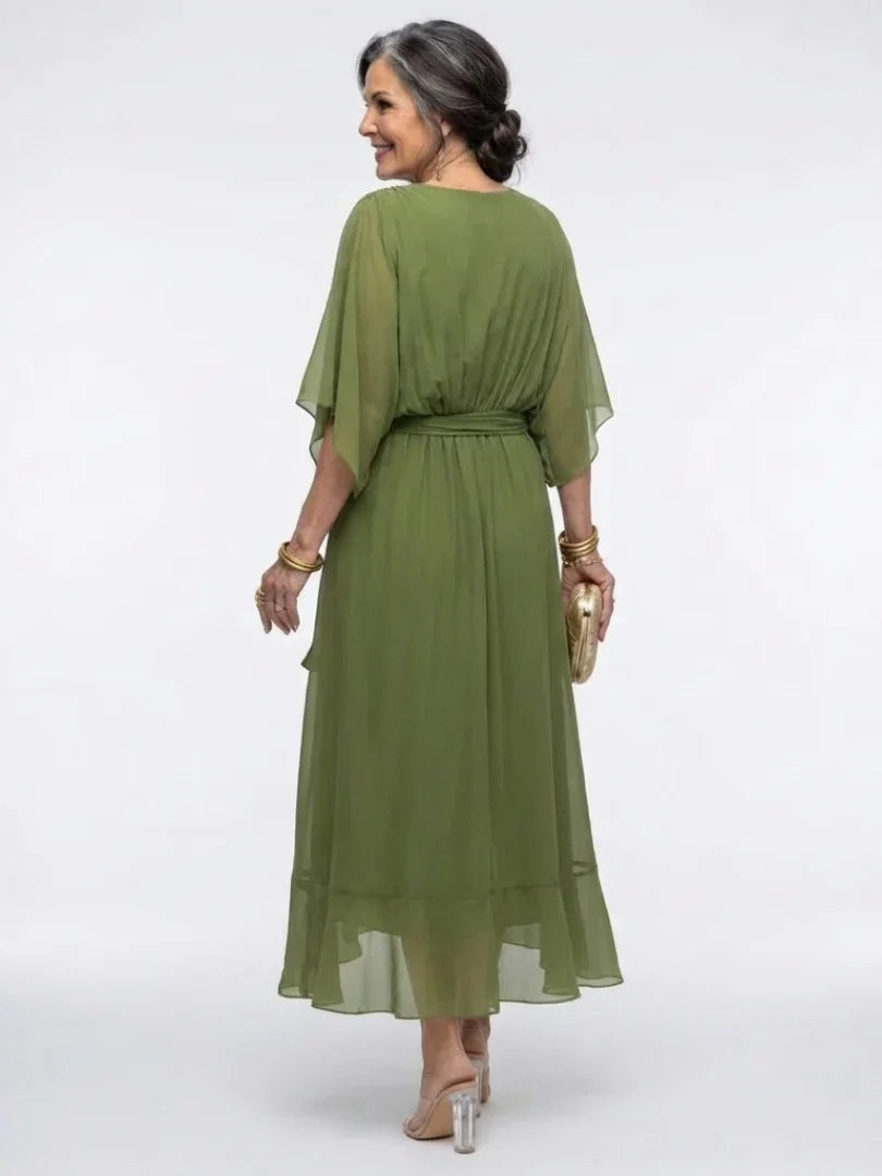 Women's V-Neck Draped Waist Tie Midi Dress