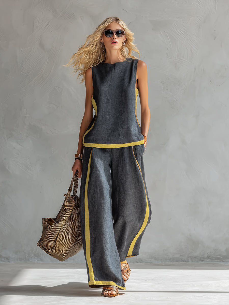 Women's Gold Trim Sleeveless Co-Ord Set with Wide-Leg Trousers
