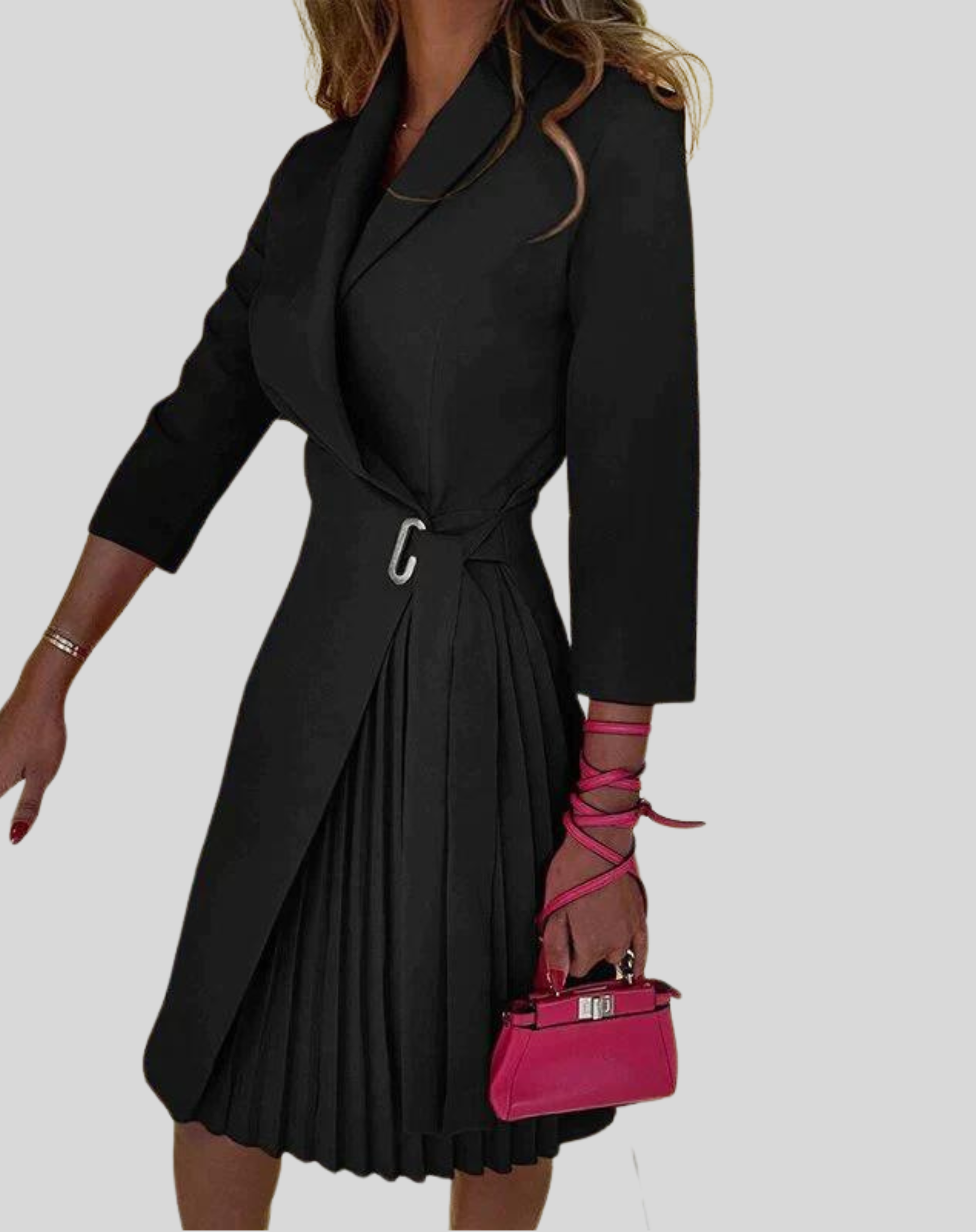 Women's Pleated Wrap Midi Dress with Tie Waist