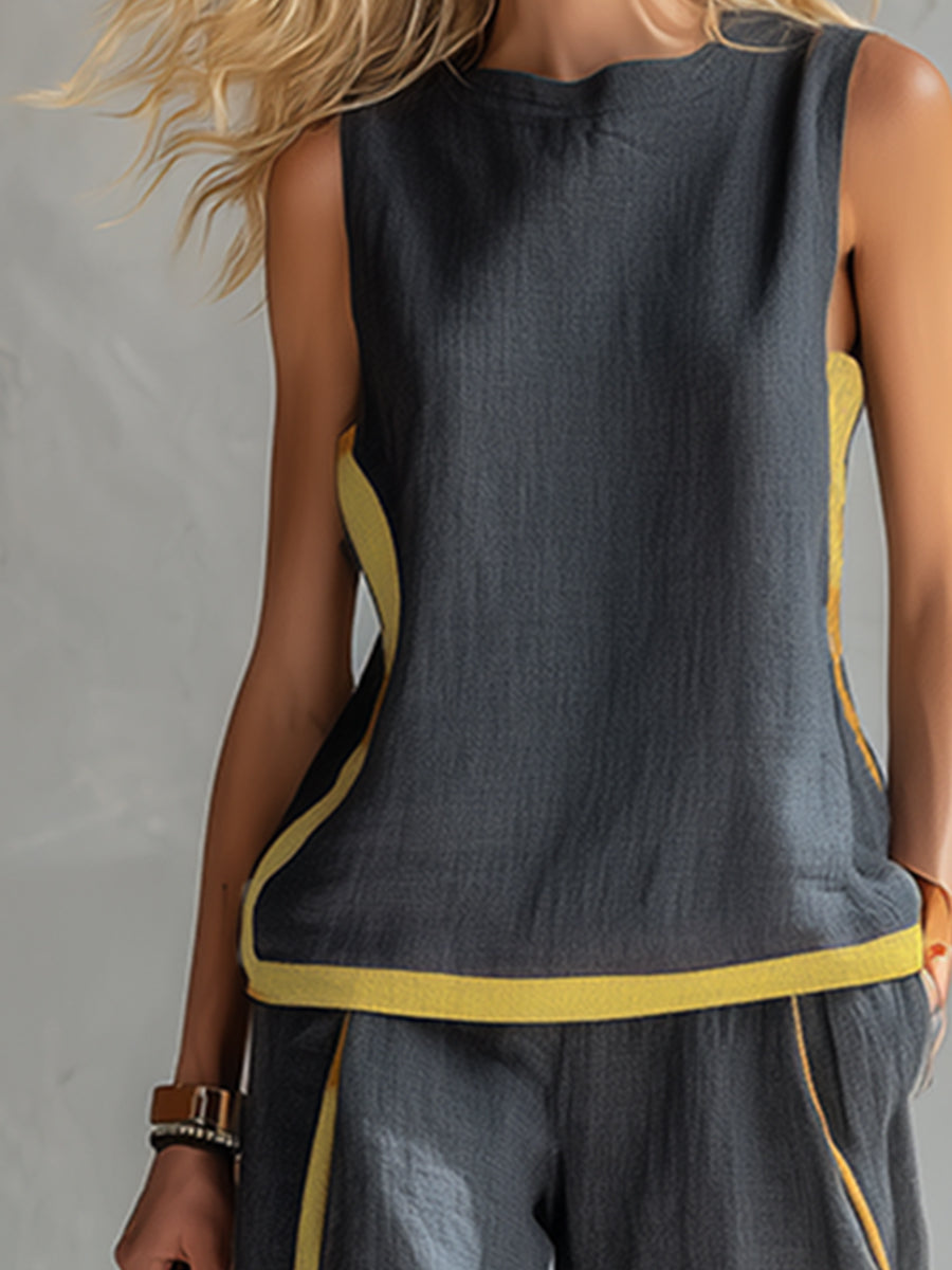 Women's Gold Trim Sleeveless Co-Ord Set with Wide-Leg Trousers