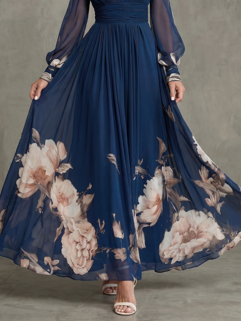 Women's Pleated Maxi Dress with Sheer Sleeves