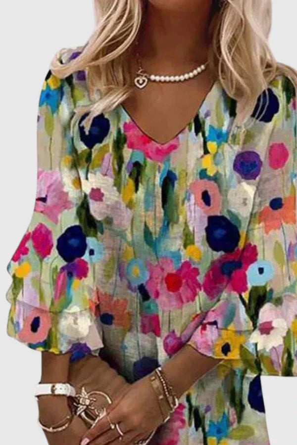 Women’s Floral Mini Dress with Flared Sleeve Design