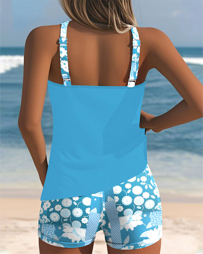 Two-Piece Tankini Set with Printed Shorts