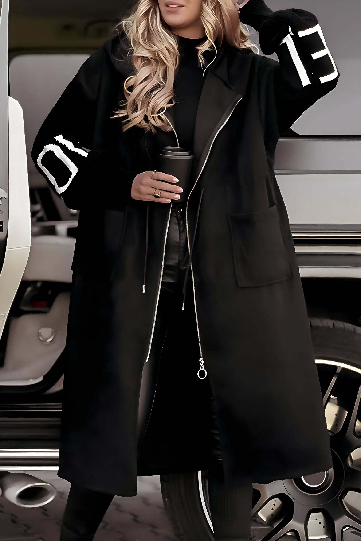 Women's Long Hooded Zip Coat with Contrast Sleeve Detail