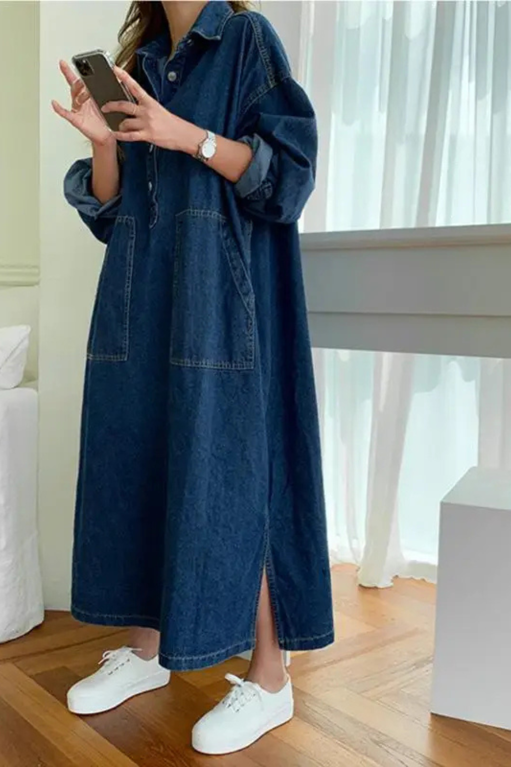 Women’s Oversized Denim Shirt Maxi Dress with Button Front
