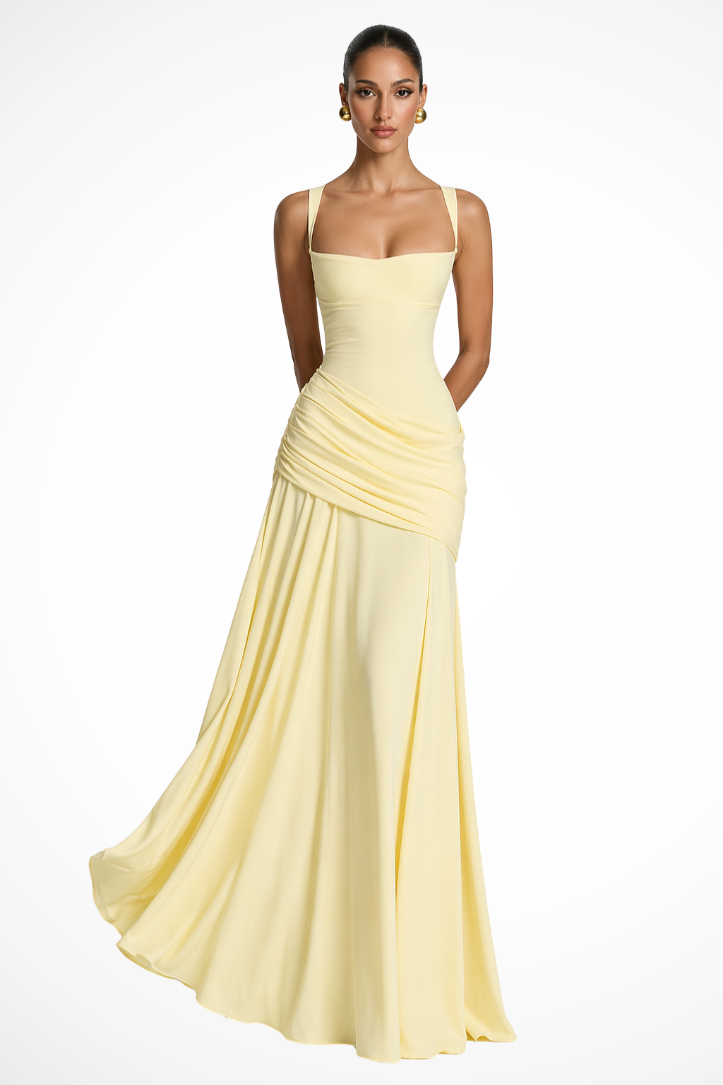 Women's Square Neck Ruched Maxi Dress Side Slit