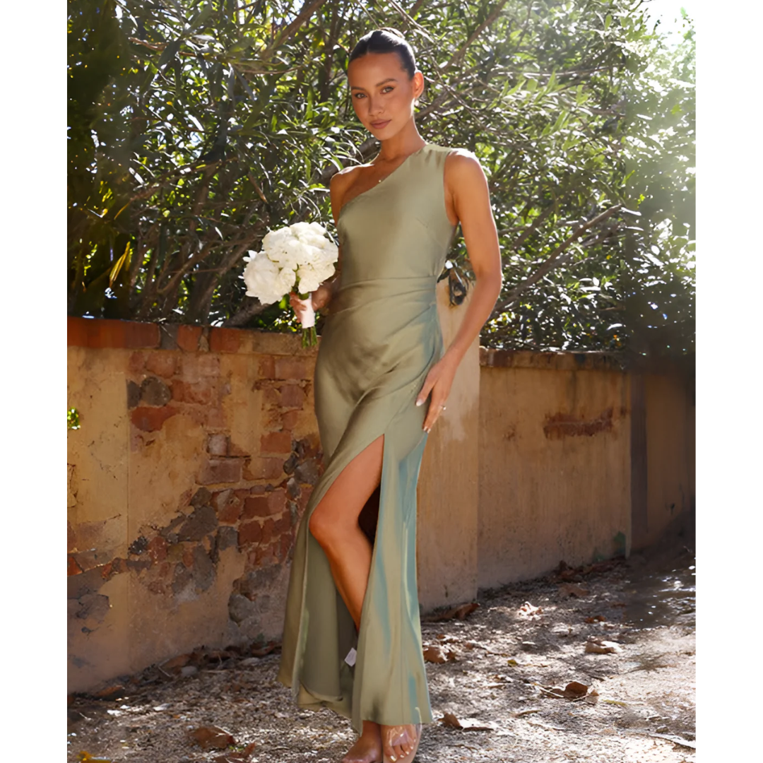 One Shoulder Side Slit Satin Maxi Dress