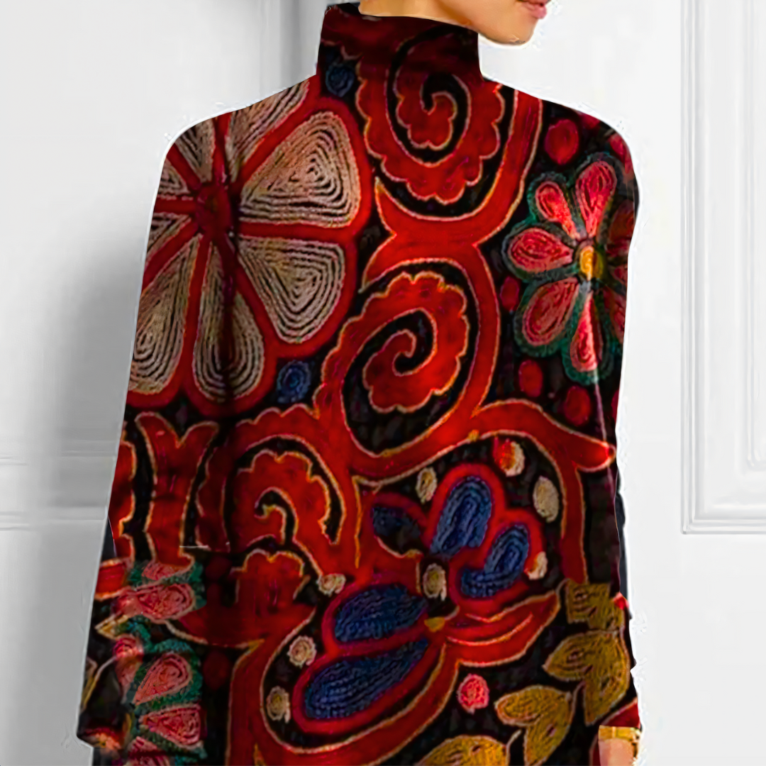 Women's Floral Print Tunic High Neck Asymmetric Top