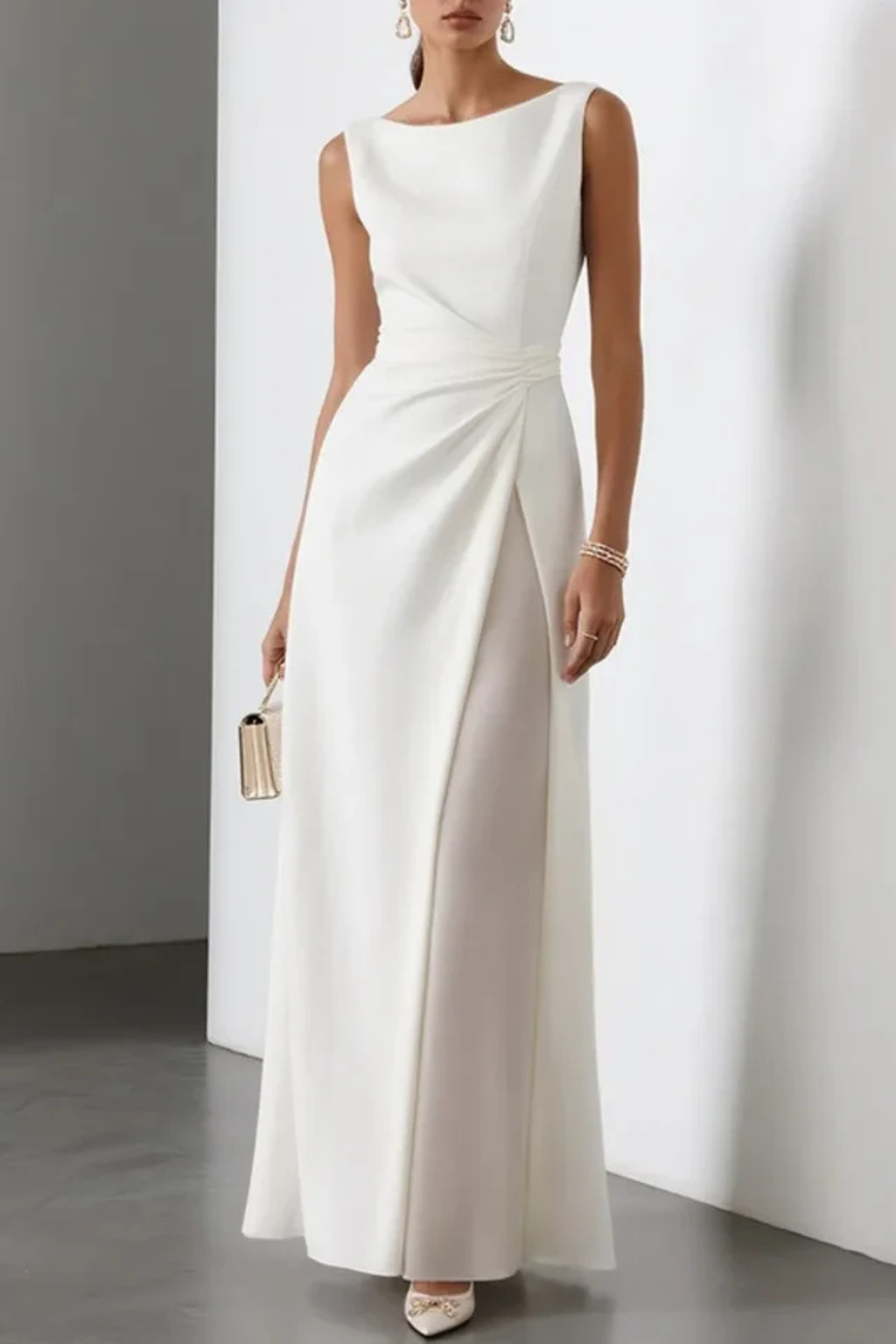 Women’s Elegant Sleeveless Ruched Waist Maxi Dress with Side Slit