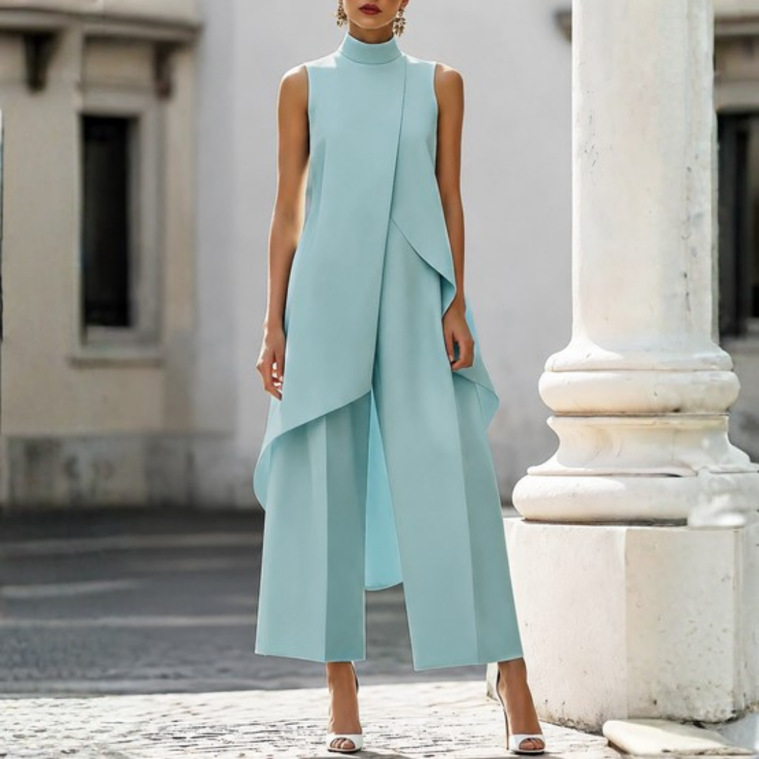 Women's Sleeveless Turtleneck Asymmetric Drape Jumpsuit