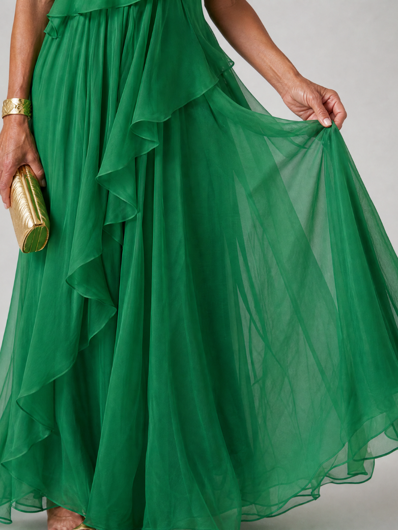 Women’s One Shoulder Maxi Dress with Layered Ruffle Skirt