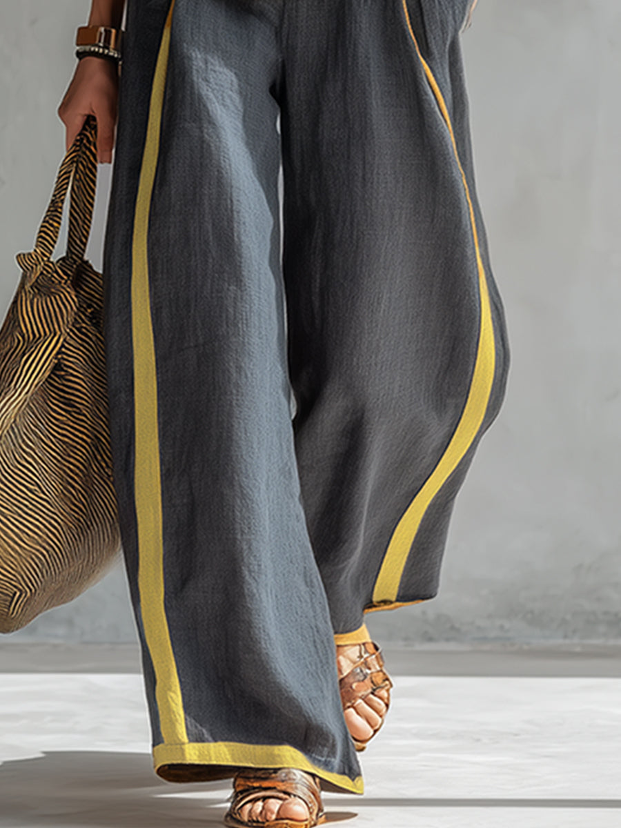 Women's Gold Trim Sleeveless Co-Ord Set with Wide-Leg Trousers