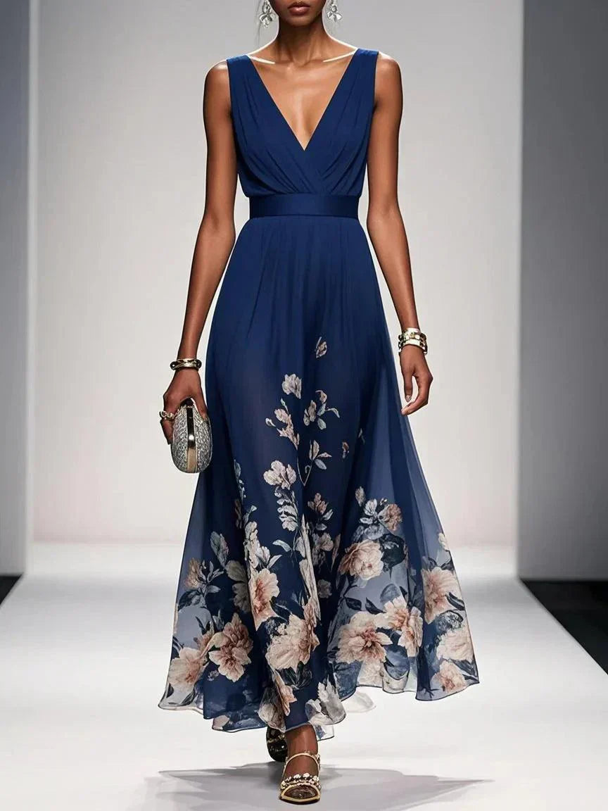 Women’s Floral V Neck Sleeveless Maxi Dress with Flowing Silhouette