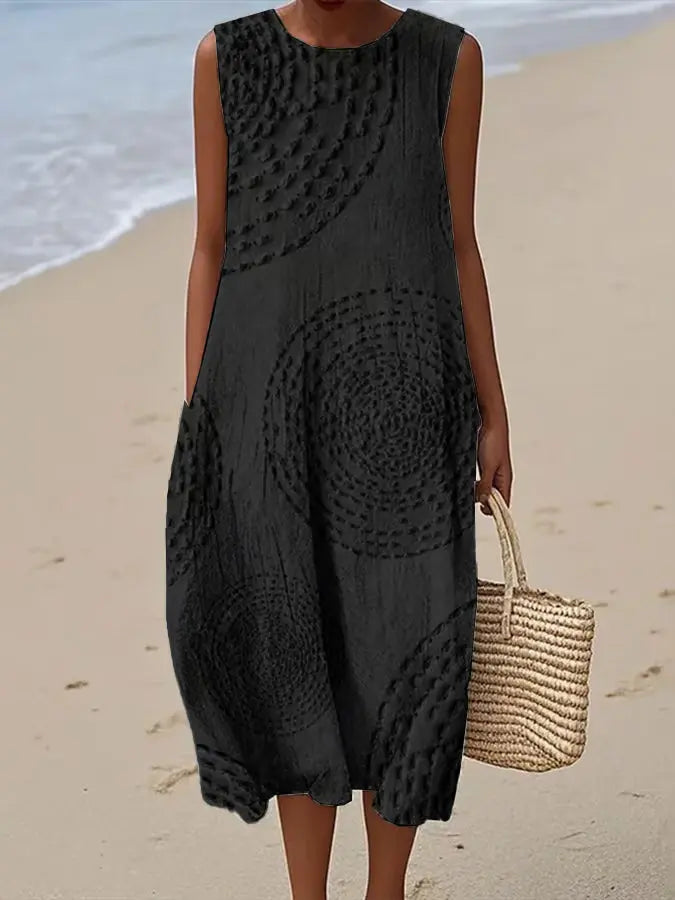 Women's Embroidered Textured Midi Dress with Artistic Pattern