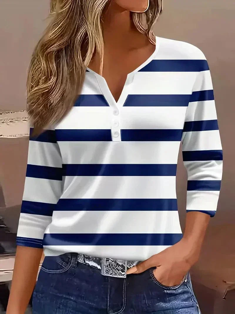 Women's Striped V-Neck Top with 3/4 Sleeves
