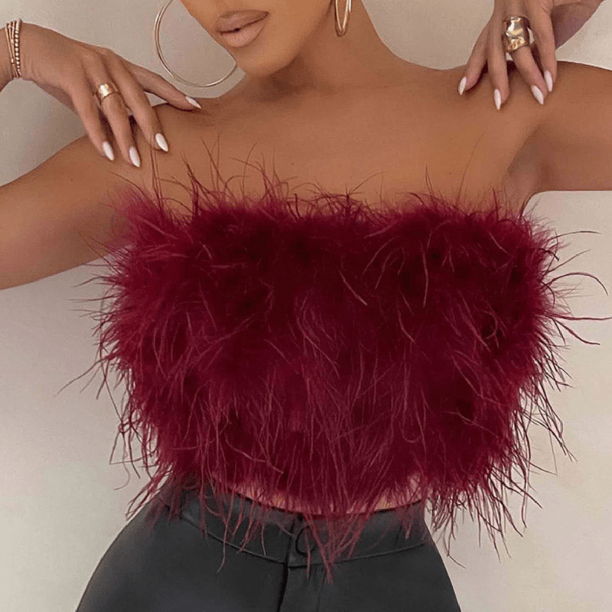 Women’s Strapless Feather Trim Party Crop Top