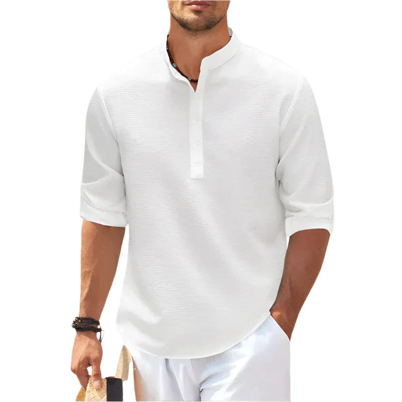Men’s Band Collar Henley Shirt with Button Placket and Rolled Sleeves