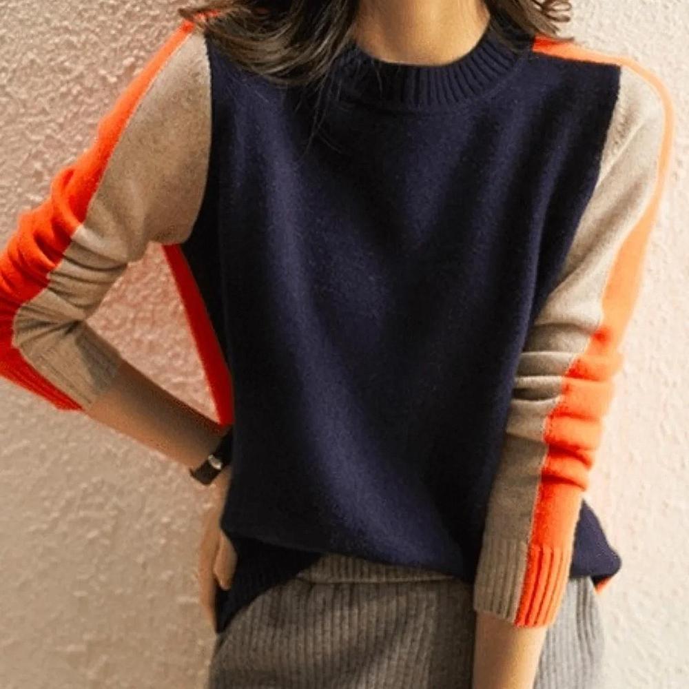 Women's Color Block Knit Sweater with Contrast Sleeves