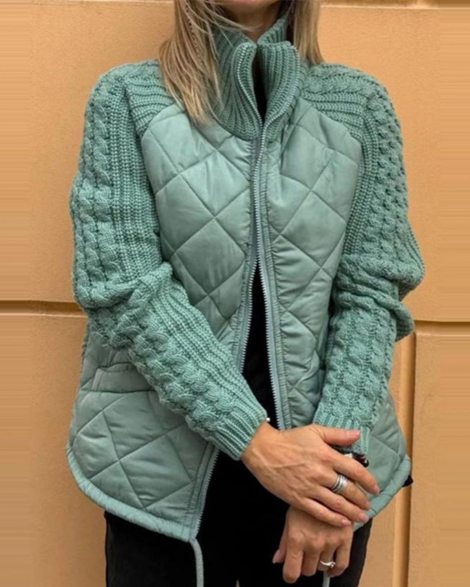 Women's Quilted Jacket with Cable Knit Sleeves