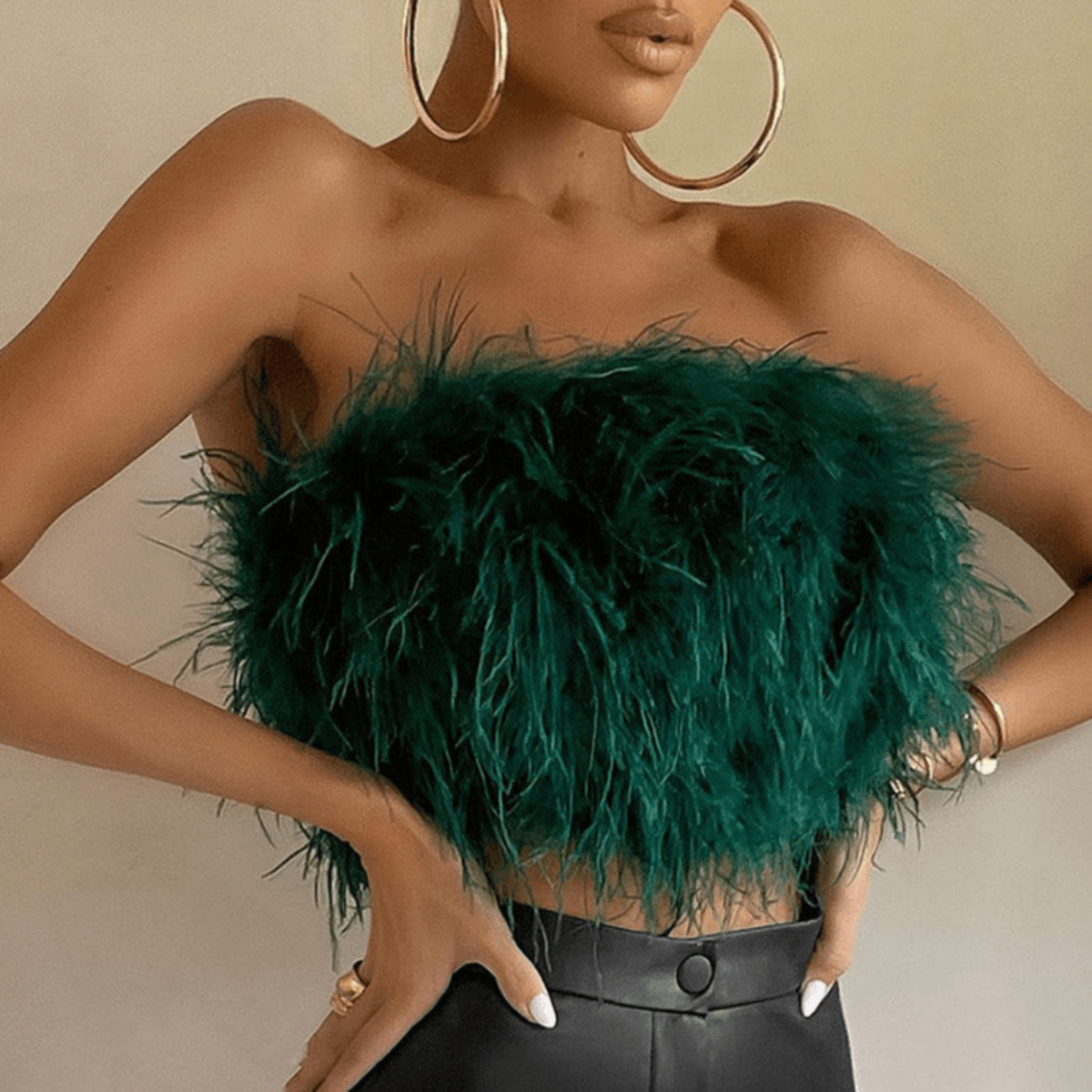 Women’s Strapless Feather Trim Party Crop Top