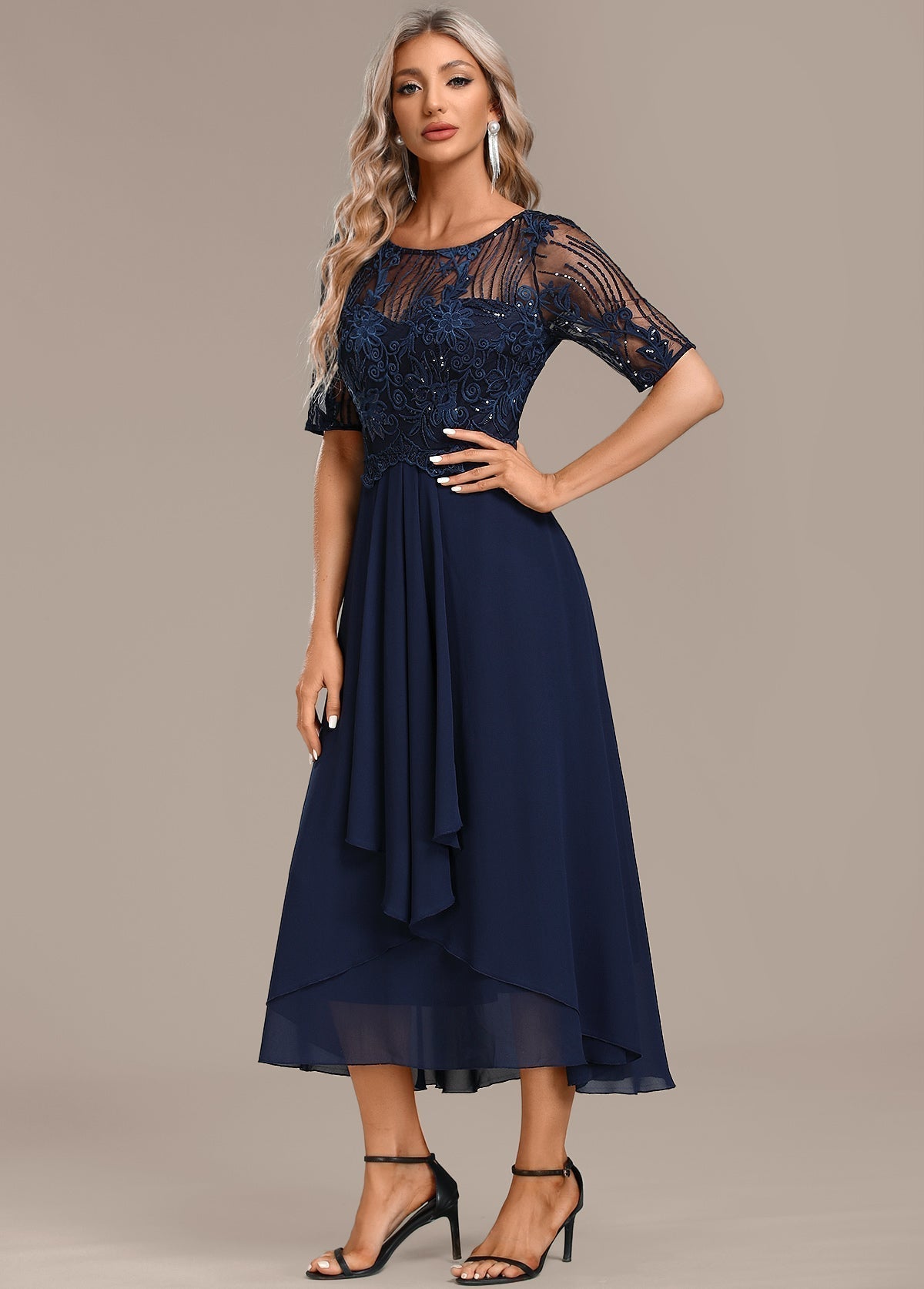 Women's Elegant Floral Lace Chiffon Midi Evening Dress