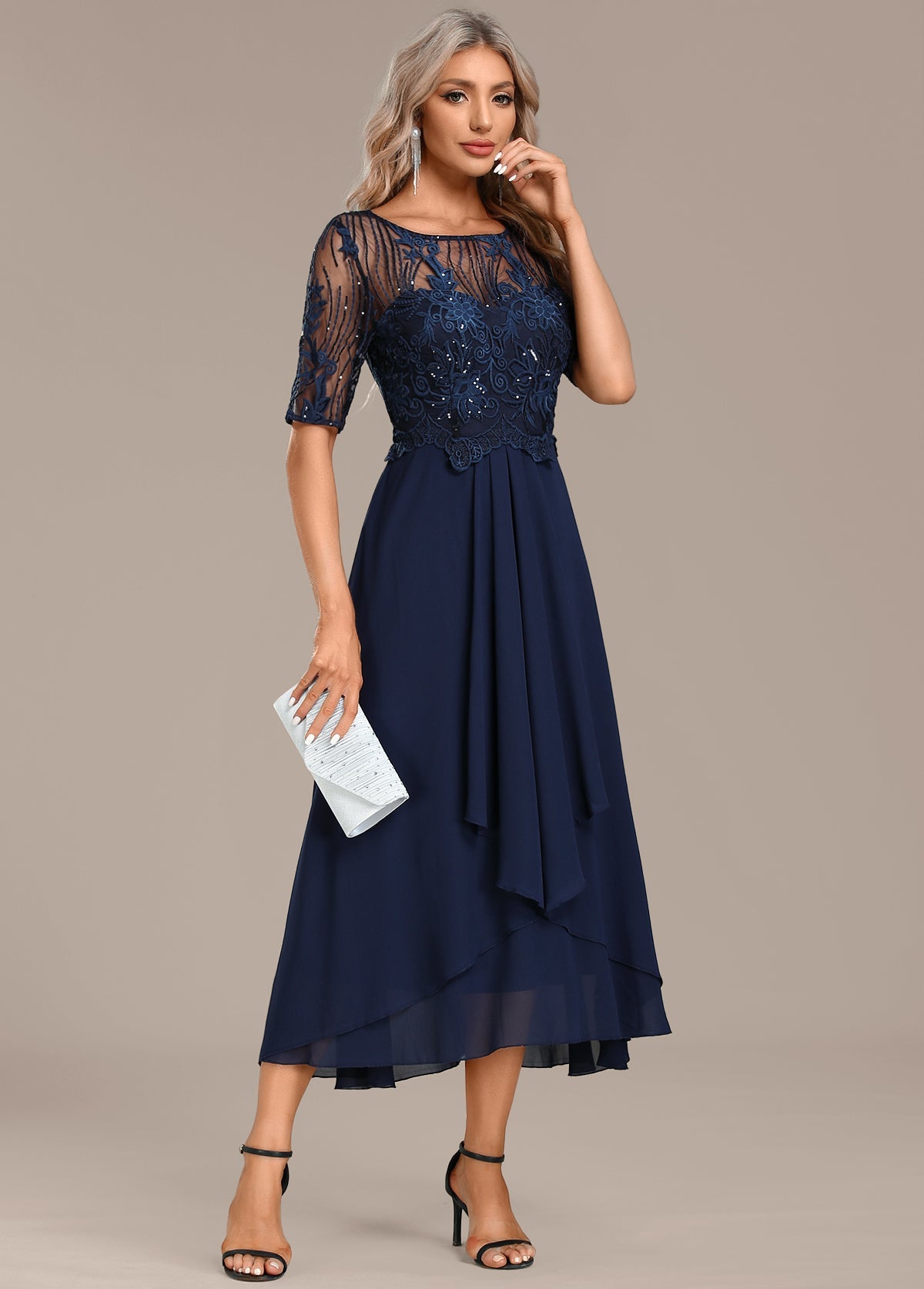 Women's Elegant Floral Lace Chiffon Midi Evening Dress
