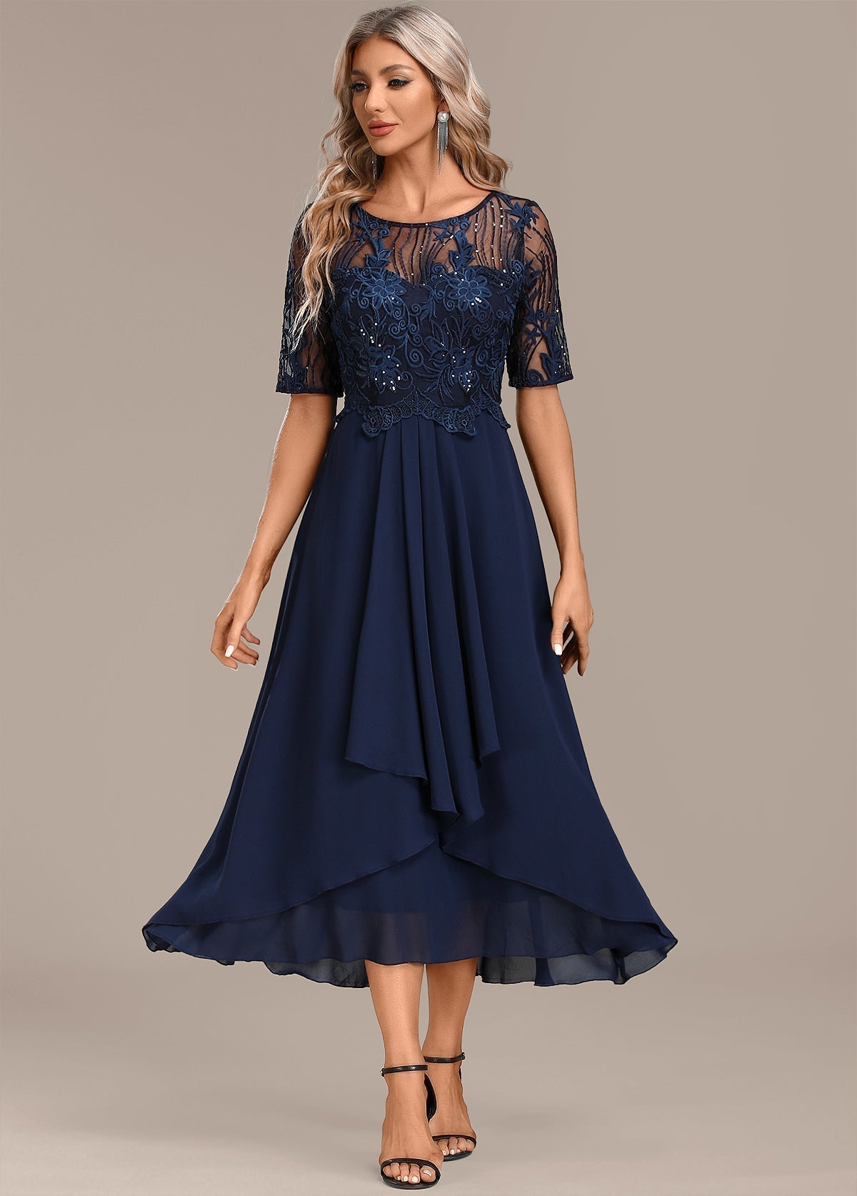 Women's Elegant Floral Lace Chiffon Midi Evening Dress