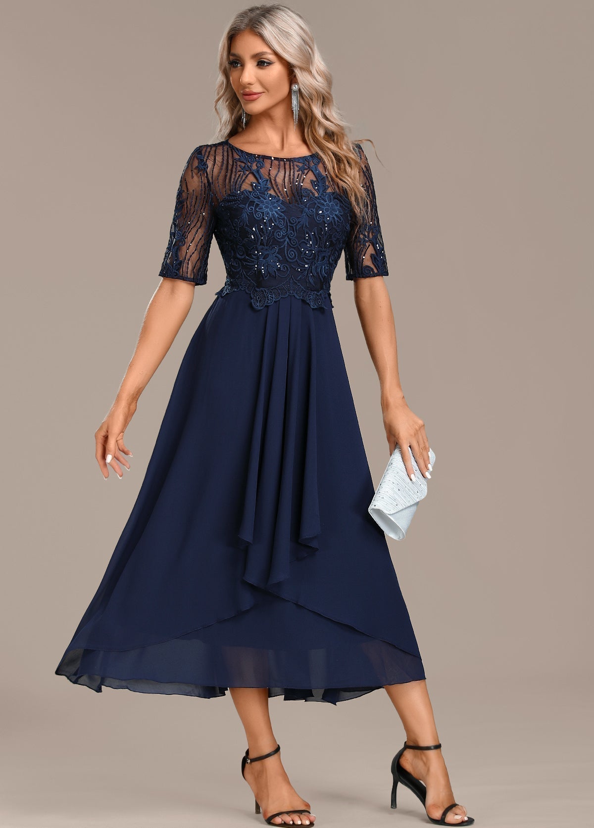 Women's Elegant Floral Lace Chiffon Midi Evening Dress