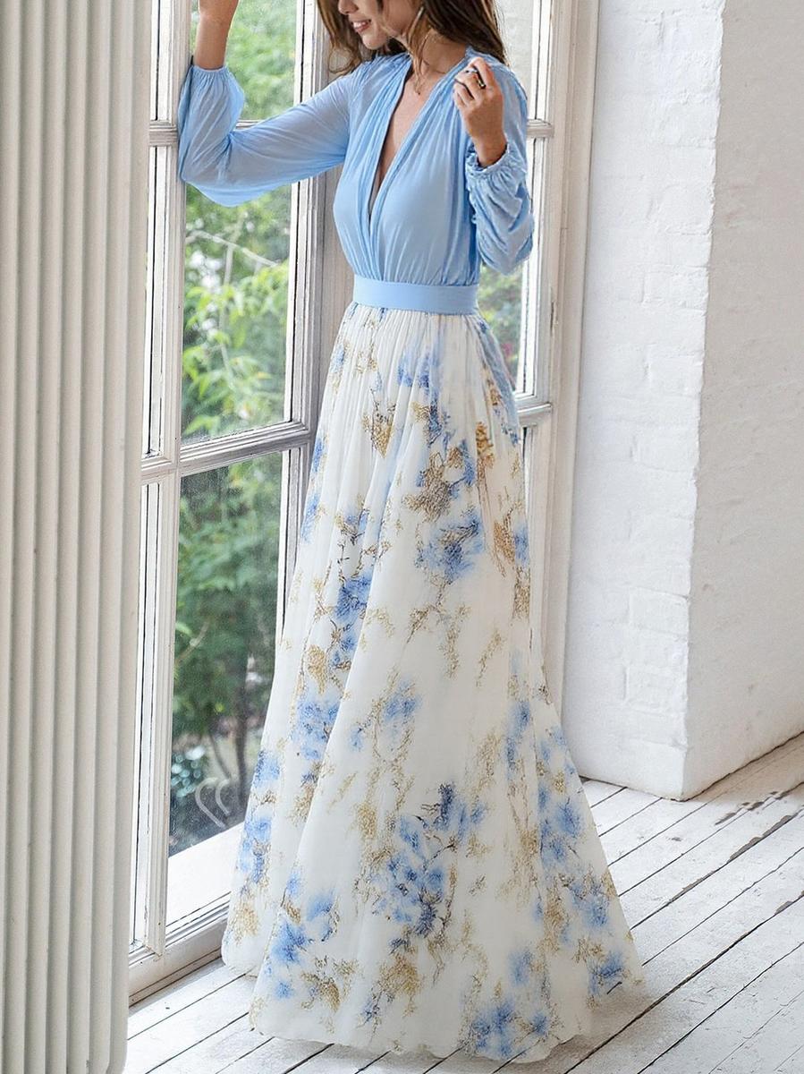 Elegant Blue Floral Wrap Bodice Long Sleeve Flowing Maxi Dress