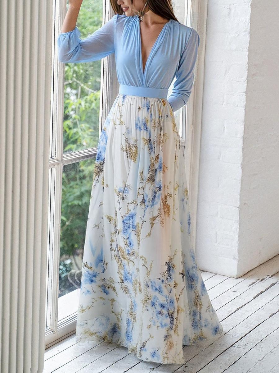 Elegant Blue Floral Wrap Bodice Long Sleeve Flowing Maxi Dress