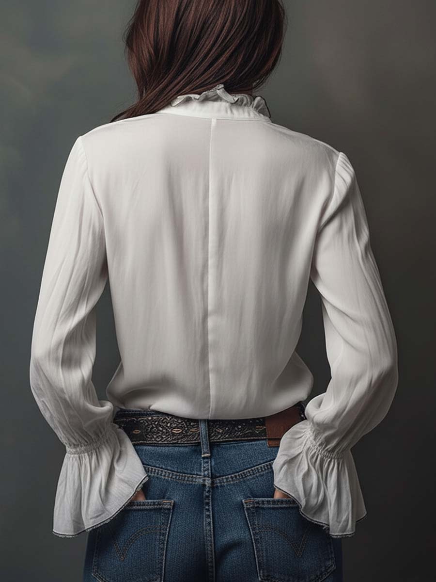 Women's White Zip-Front Blouse Flounce Cuffs