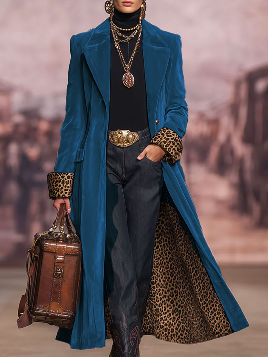 Women's Elegant Longline Velvet Coat with Leopard Print