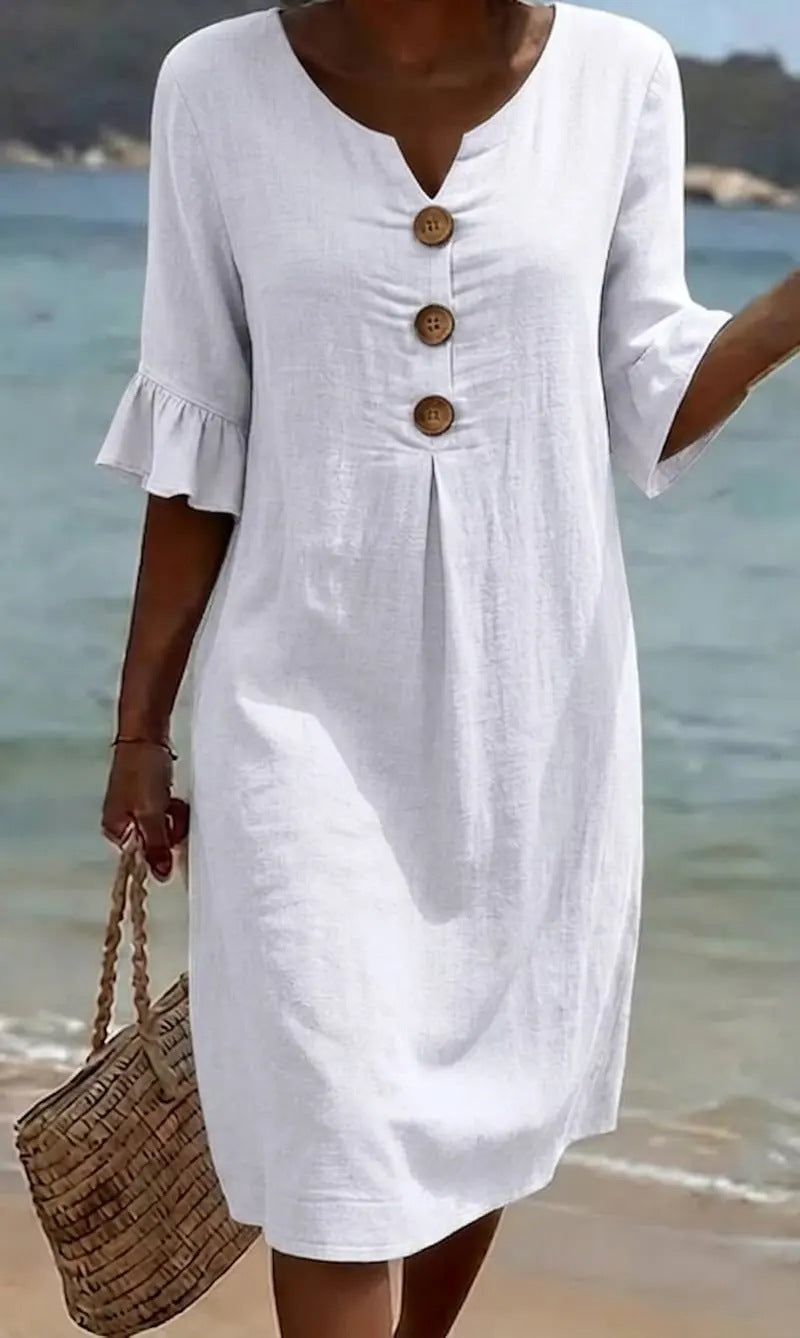 Women's V-Neck Button Ruffle Cuff Midi Dress